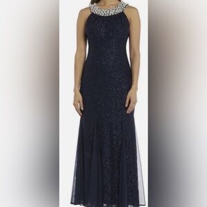 R&M Richards Navy Dress with Pearl Embellishments